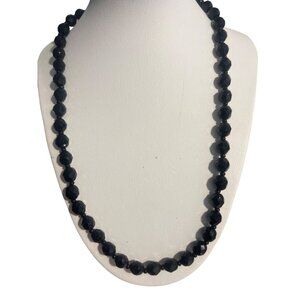 Vintage Black Faceted Glass Bead Necklace Gold Tone Spring Ring Layer Estate 19"